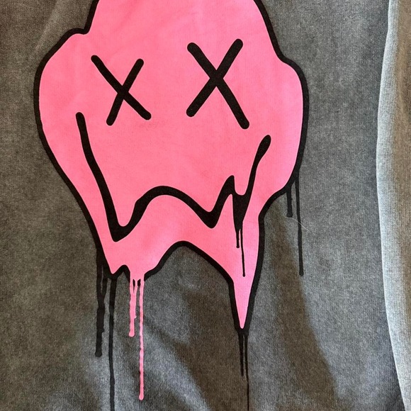 Oversized BoohooMAN crewneck in grey‎ acid wash with bold pink "Drip Face" XL - Picture 2 of 6